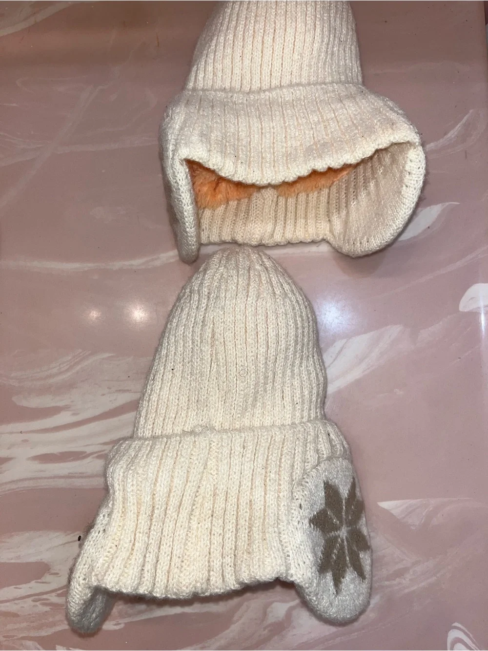 Cream Knit Winter Hat with Brown Star Ear Patches